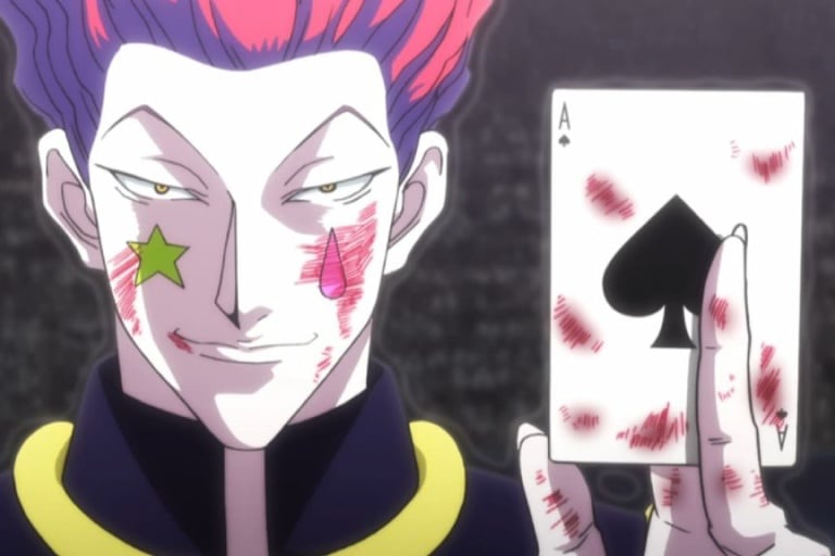 Regard de Hisoka montrant une carte , un as de pique.