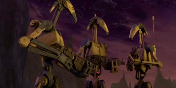 Image tiré du dessin animé the clone wars, on y voit trois droides Star Wars de combat en train de communiquer.