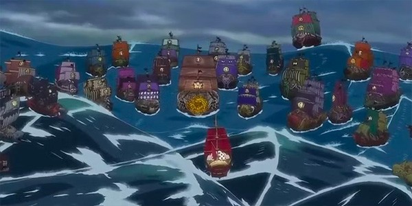 Une armée de bateaux de One Piece est rassemblée autour du Vogue Merry.
