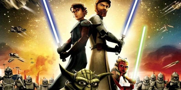 Affiche du film clones wars avec Anakin skywalker et son maitre jedi obiwan Kenobi